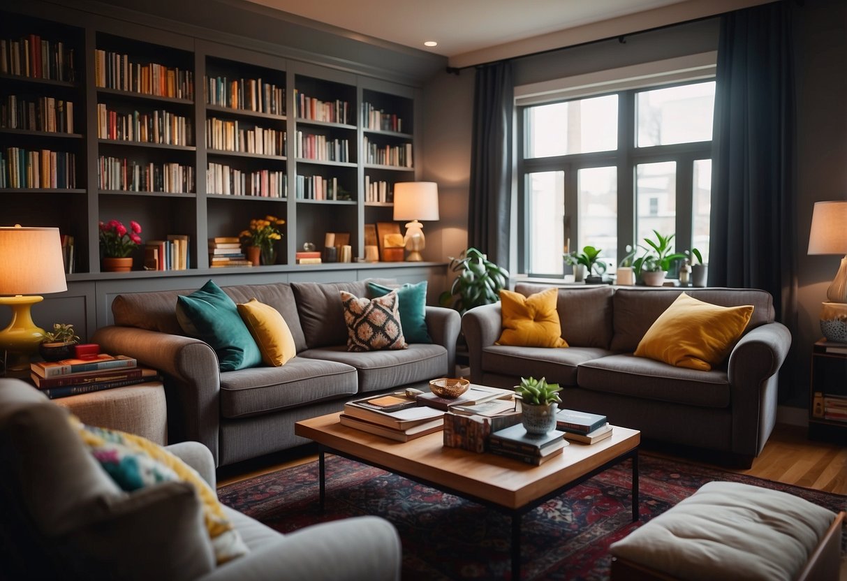 A cozy living room with a plush sofa, elegant coffee table, and a bookshelf filled with colorful books and decorative items from Littlewoods Furniture
