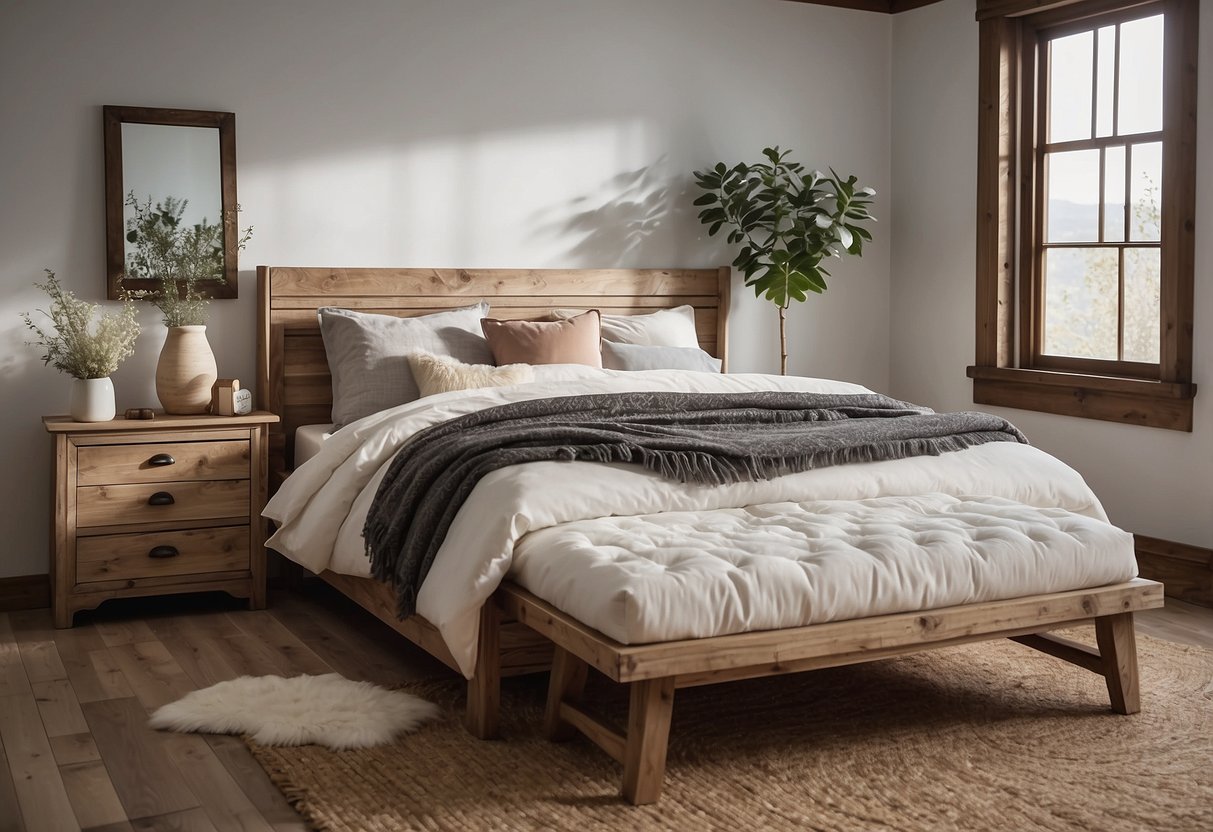 A white rustic bedroom with a distressed wooden bed, matching dresser, and nightstand. The room is filled with natural light and has a cozy, inviting atmosphere
