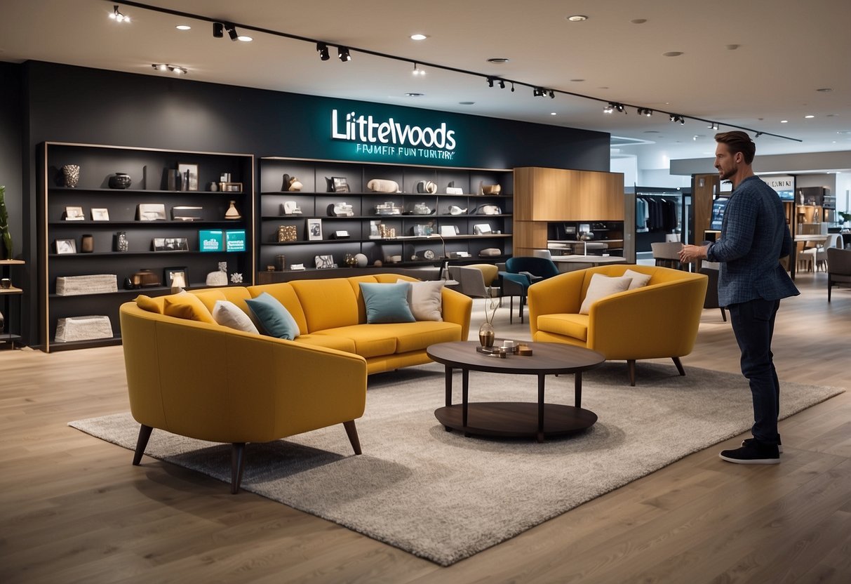 A customer examines various payment and financing options at Littlewoods Furniture, surrounded by different furniture displays and signage