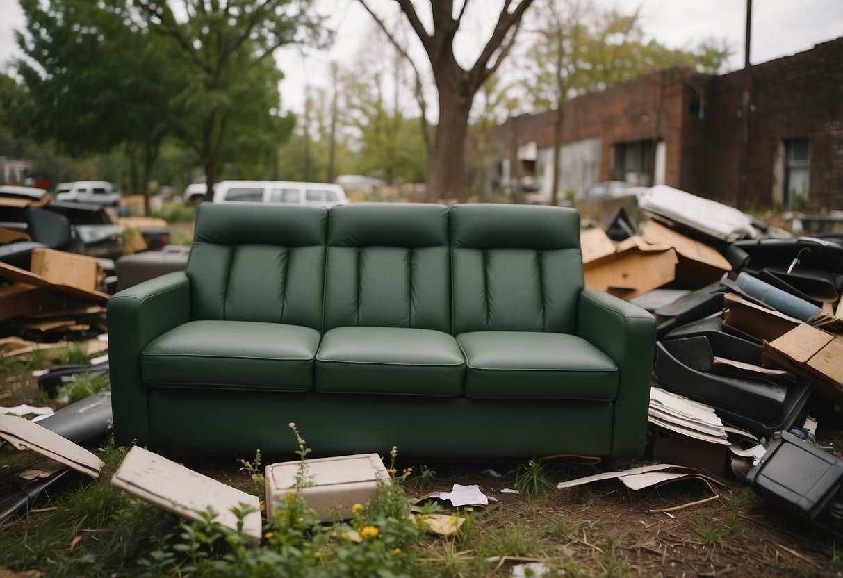 Furniture being dumped in a cluttered, overgrown lot. Broken chairs, tables, and sofas scattered haphazardly