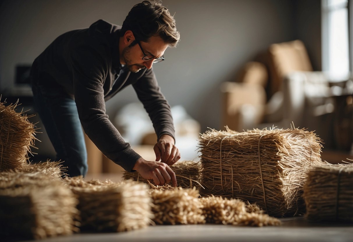 A person arranging Haystack furniture in a room, measuring and testing different pieces for size and style