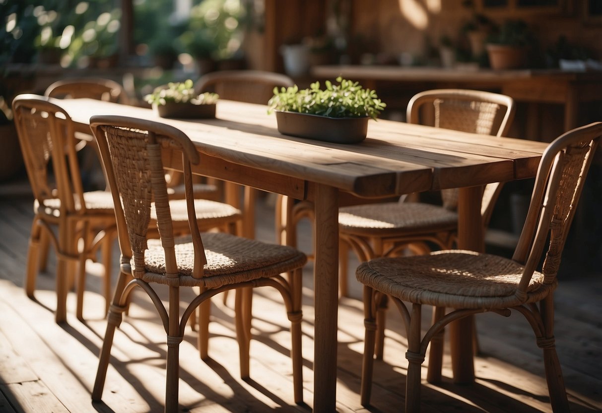 A rustic wooden table surrounded by handcrafted chairs in a cozy, sunlit workshop