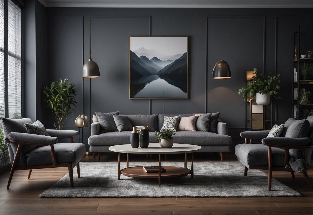 A cozy living room with gray furniture and walls painted in various shades of gray, creating a modern and sophisticated atmosphere
