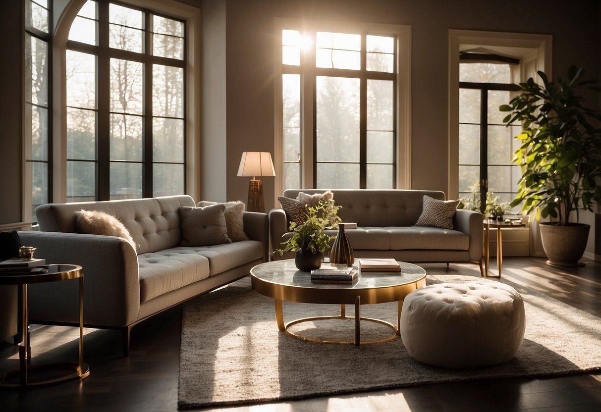 A spacious, elegant living room with a plush sofa, sleek coffee table, and ornate rug. Sunlight streams through large windows, casting a warm glow on the luxurious furniture