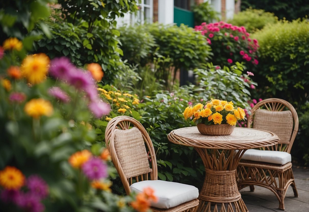 A wicker garden set, with a table and chairs, sits amidst lush greenery and colorful flowers