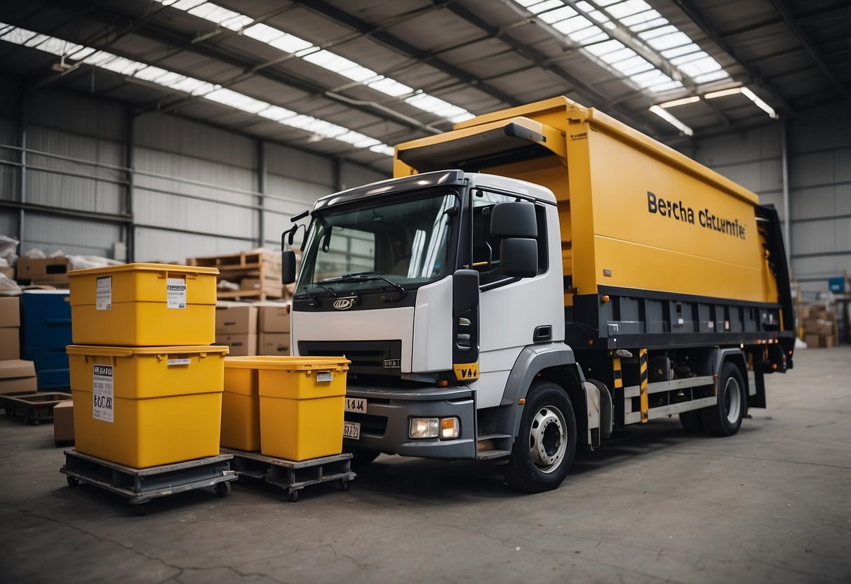 Furniture being loaded into a designated disposal area with clear signage and separate bins for different materials