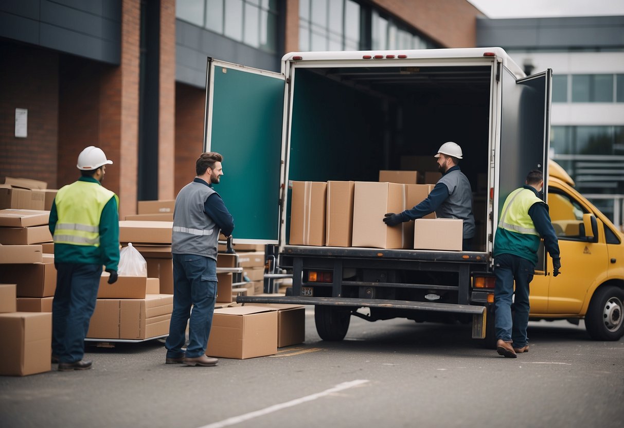 A delivery truck unloading furniture with workers assembling and setting up additional services for Littlewoods
