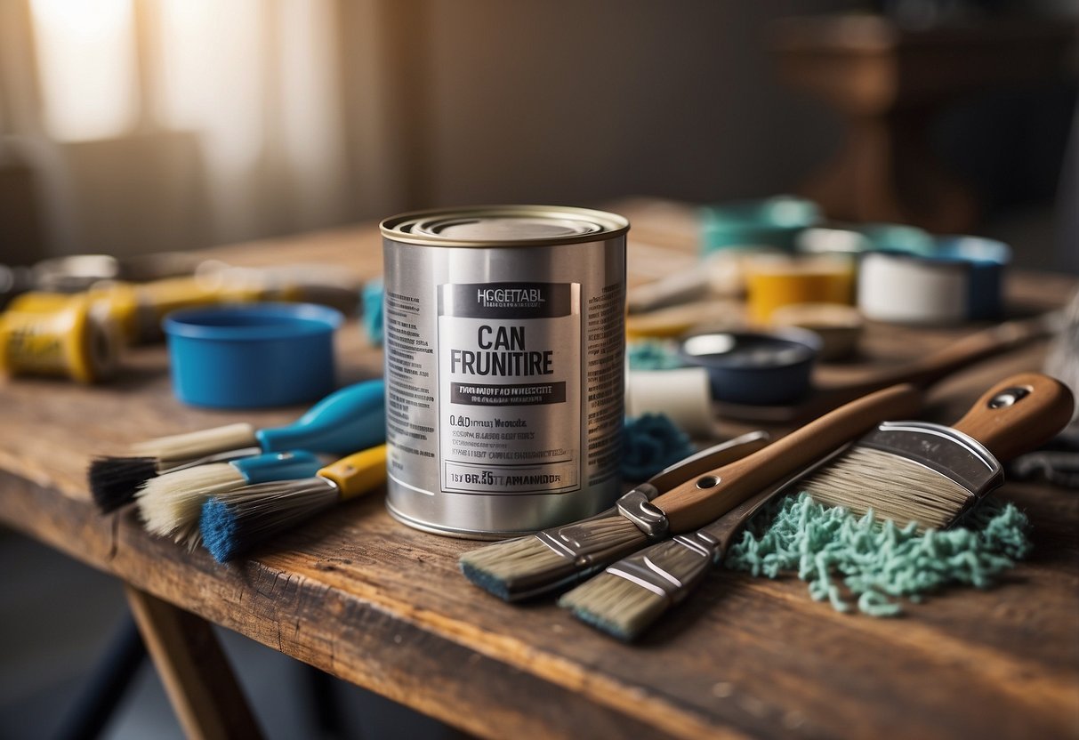 A can of high gloss furniture paint sits open on a drop cloth, surrounded by brushes and rollers. The furniture piece is prepped and ready for a fresh coat