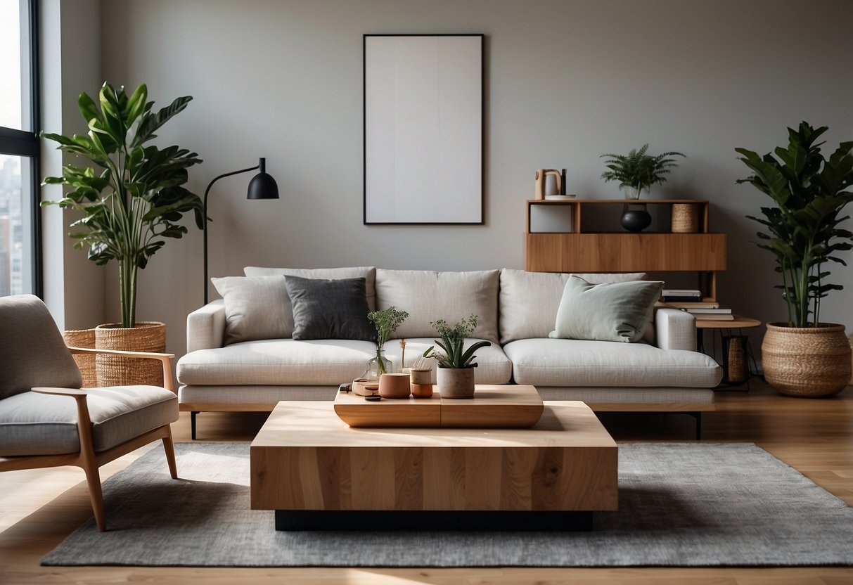 A modern living room with minimalist furniture, clean lines, and natural materials. A sleek sofa, wooden coffee table, and plant accents create a cozy, stylish space