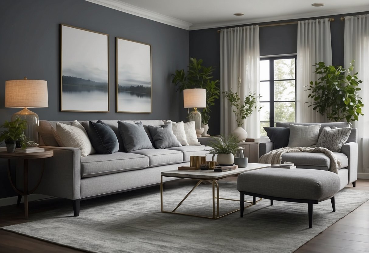 The living room features gray furniture, complemented by accent pieces in various shades. The walls are painted in a soft, neutral tone, creating a harmonious and inviting atmosphere