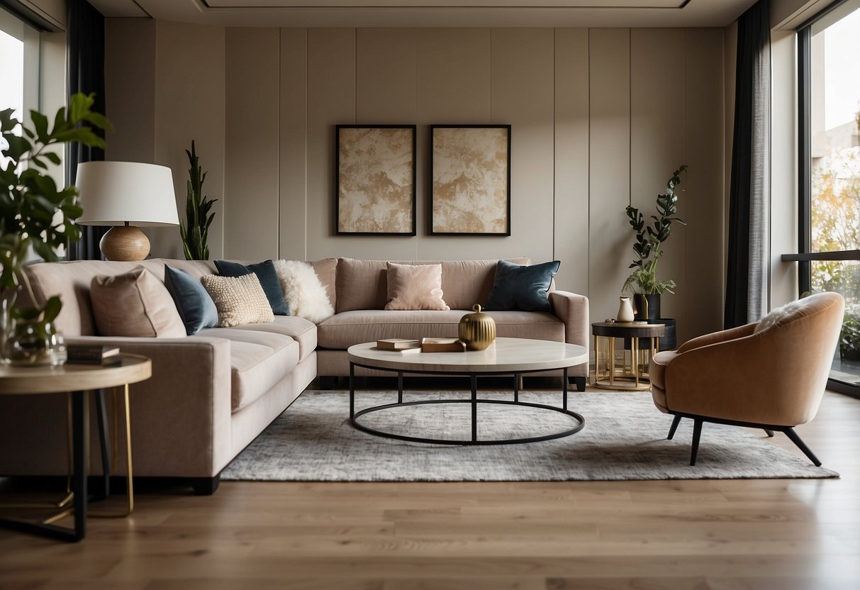 A spacious, elegantly furnished living room with plush sofas, sleek coffee tables, and stylish accent chairs. The room is bathed in natural light from large windows, creating a warm and inviting atmosphere