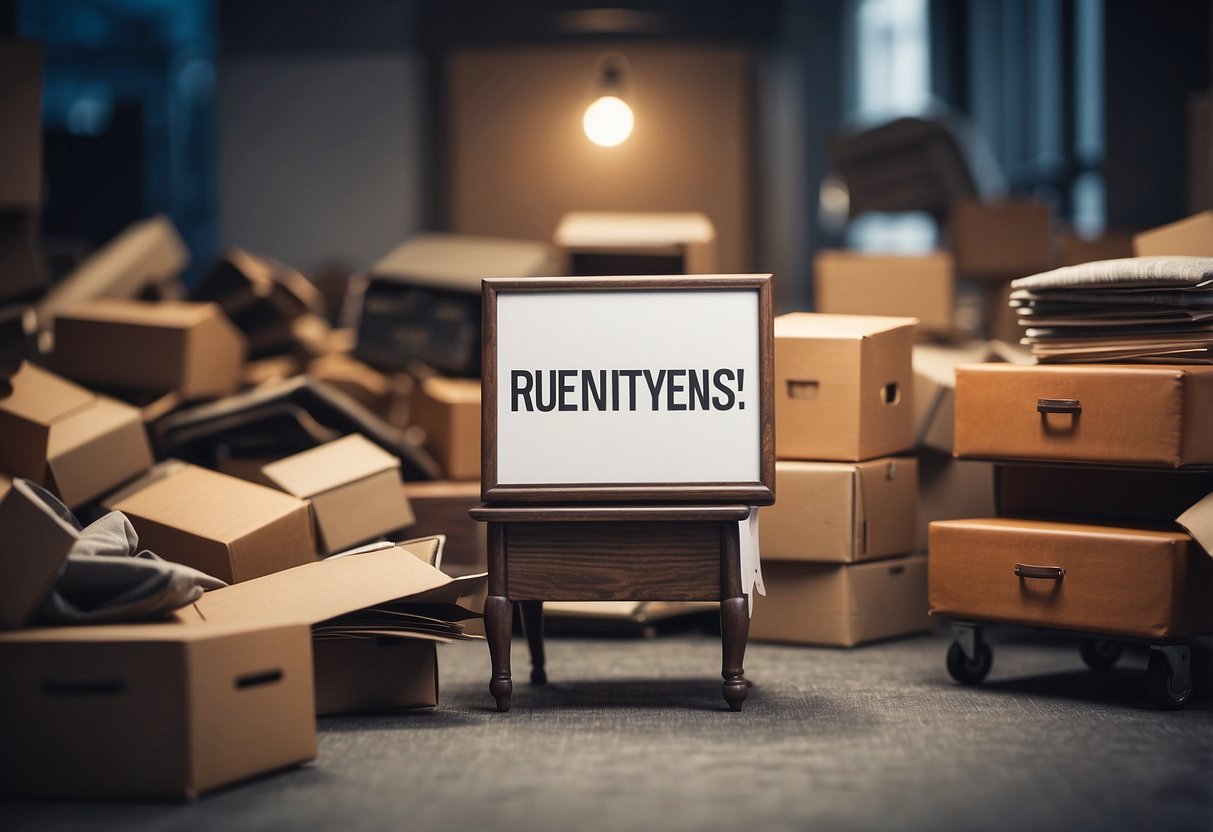 Furniture being dumped in a pile with a sign "Frequently Asked Questions" nearby