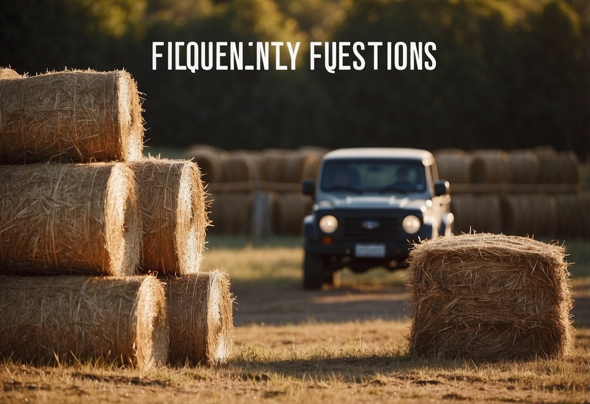 A stack of hay bales arranged as furniture, with a sign reading "Frequently Asked Questions" above it