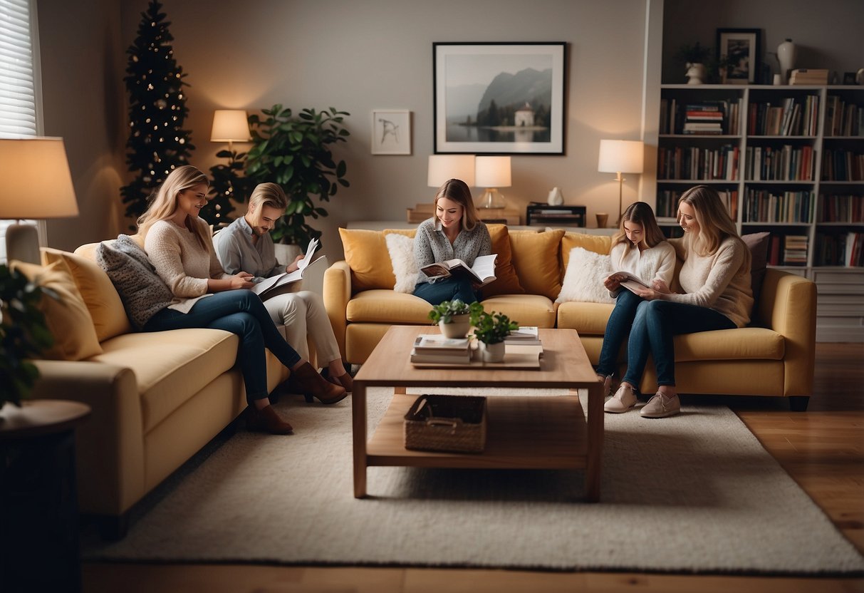 A cozy living room with a modern sofa, coffee table, and bookshelf. A family of four is gathered around, looking through a catalog of Littlewoods furniture
