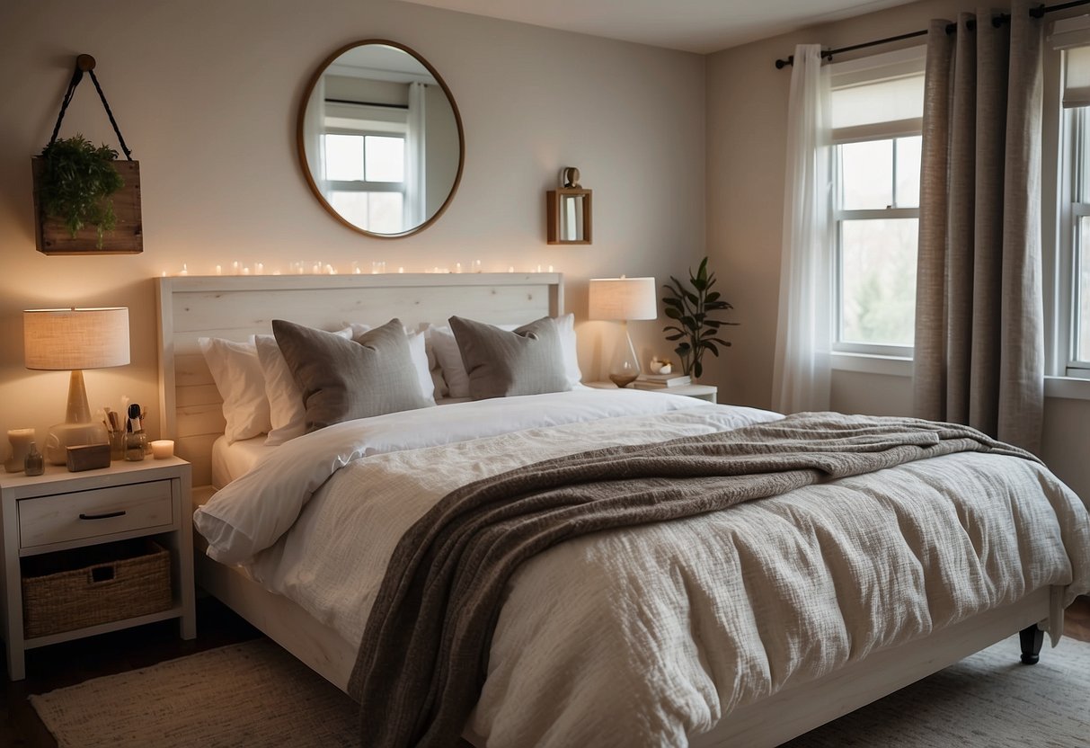 A cozy bedroom with white rustic furniture, including a bed, nightstand, and dresser. Soft lighting and neutral decor create a serene atmosphere