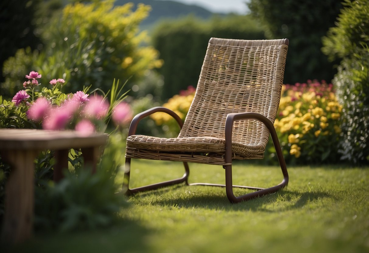 A well-maintained wicker garden furniture set on a lush green lawn, with vibrant flowers in the background and a gentle breeze rustling through the wicker