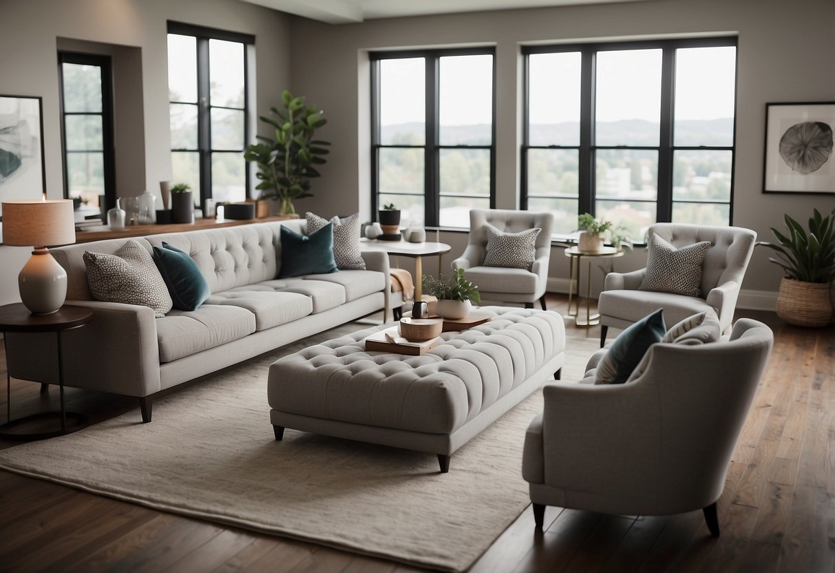 A cozy living room with gray furniture, featuring a neutral color palette on the walls and pops of color in the decor. Comfortable seating arrangements and stylish accents create a modern and inviting space
