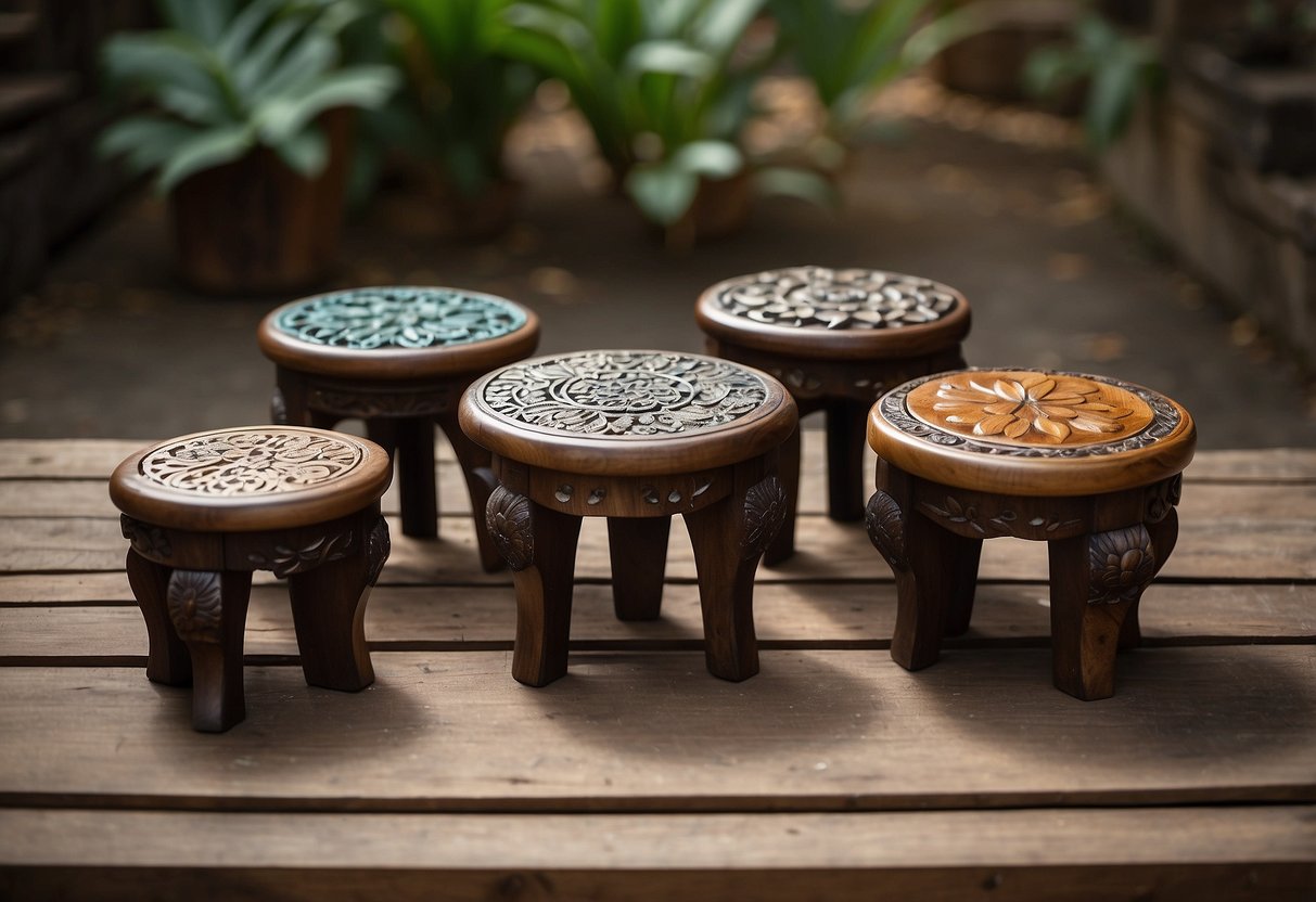 Several small stools arranged in a circle around a low table. The stools are made of dark wood with intricate carvings and have colorful cushions on top