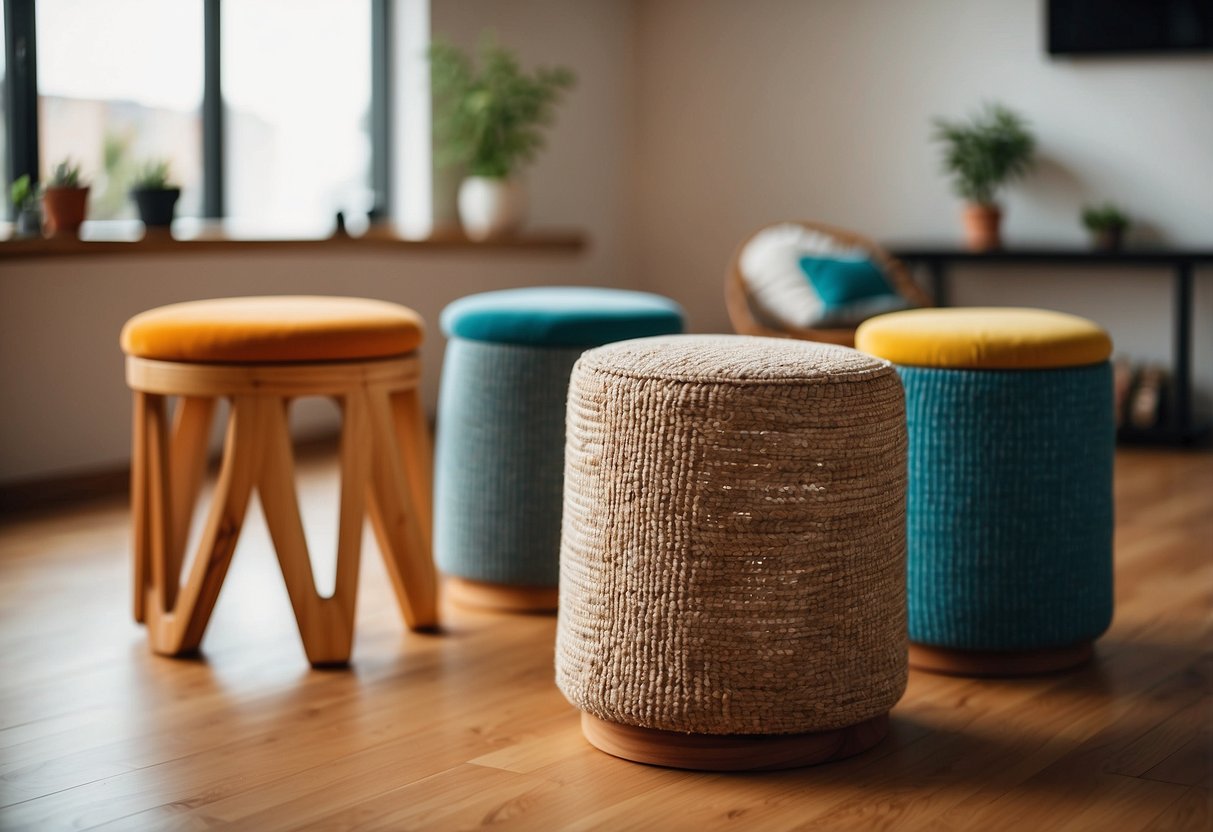Several small stools are arranged in a cozy living room, each with a unique design and varying heights. The stools are made of wood and are adorned with colorful cushions, adding a touch of comfort and style to the room