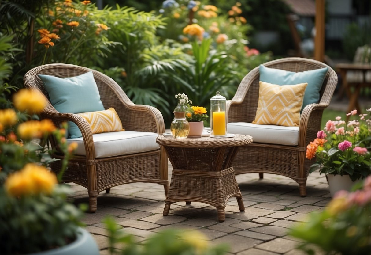 A wicker garden furniture set surrounded by lush greenery and colorful flowers, with a small table and chairs arranged for outdoor relaxation