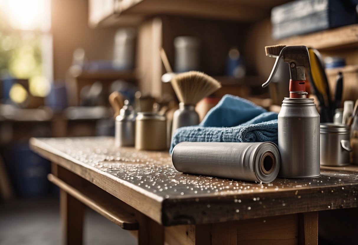 Furniture covered in drop cloths, sandpaper, and paint cans on a workbench, with a brush and roller nearby
