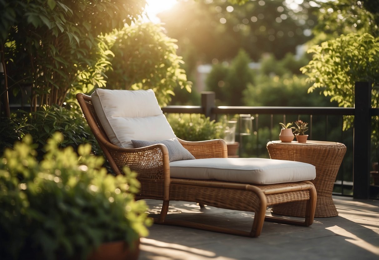 A backyard patio with a modern sling furniture set, surrounded by lush greenery and bathed in warm sunlight