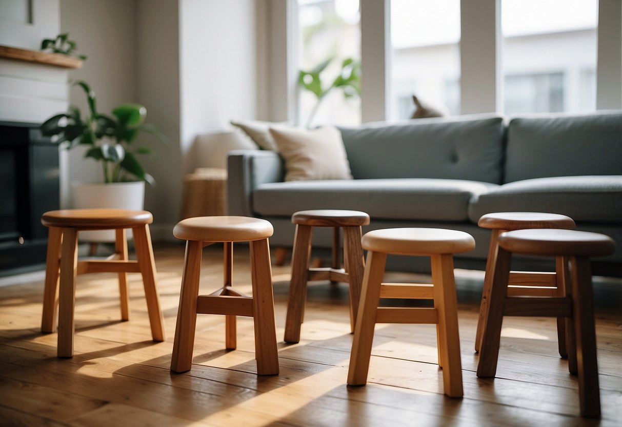 A variety of small stools arranged in a modern living room setting, including wooden, metal, and upholstered designs. Bright natural light illuminates the scene, casting soft shadows on the floor