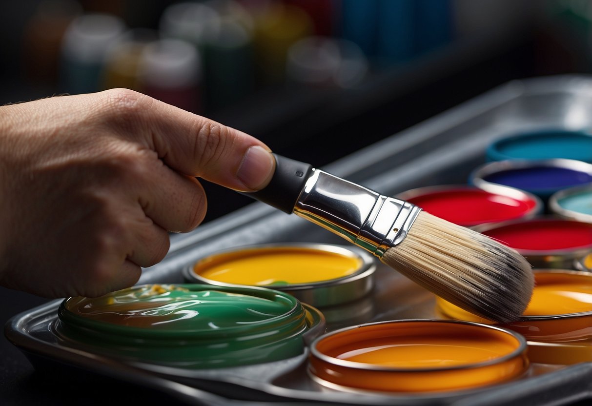 A hand holding a paintbrush applies high gloss paint to a smooth surface, creating a shiny, reflective finish