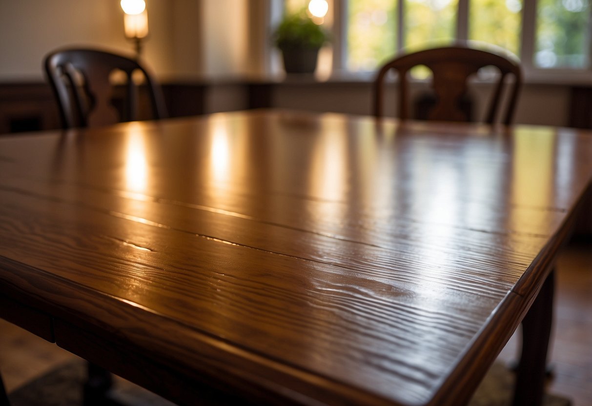 A wooden table gleams with Bona wood furniture polish, reflecting the warm glow of the room's soft lighting
