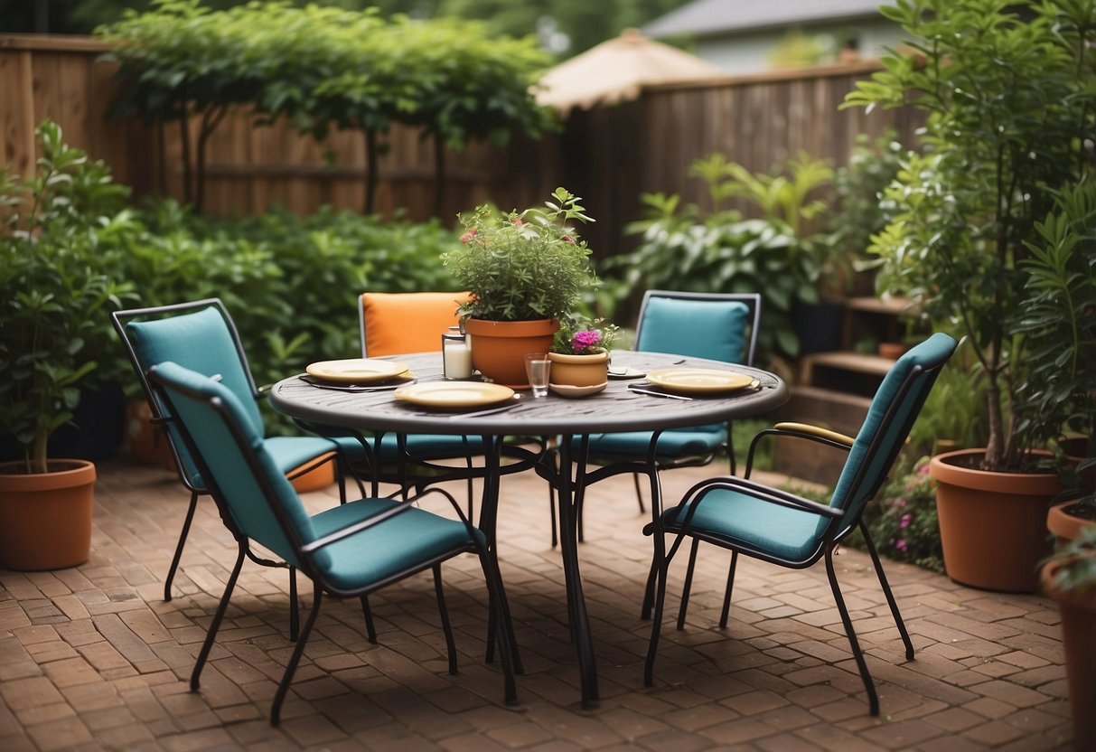 A backyard patio with a dining set of sling chairs and a sling table, surrounded by lush greenery and colorful potted plants