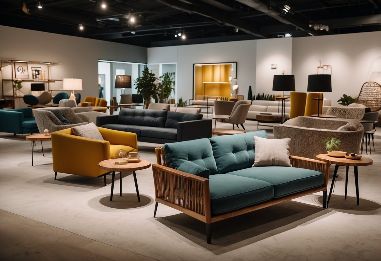 A customer browsing through a variety of sling furniture, with different styles and colors, displayed in a spacious and well-lit showroom