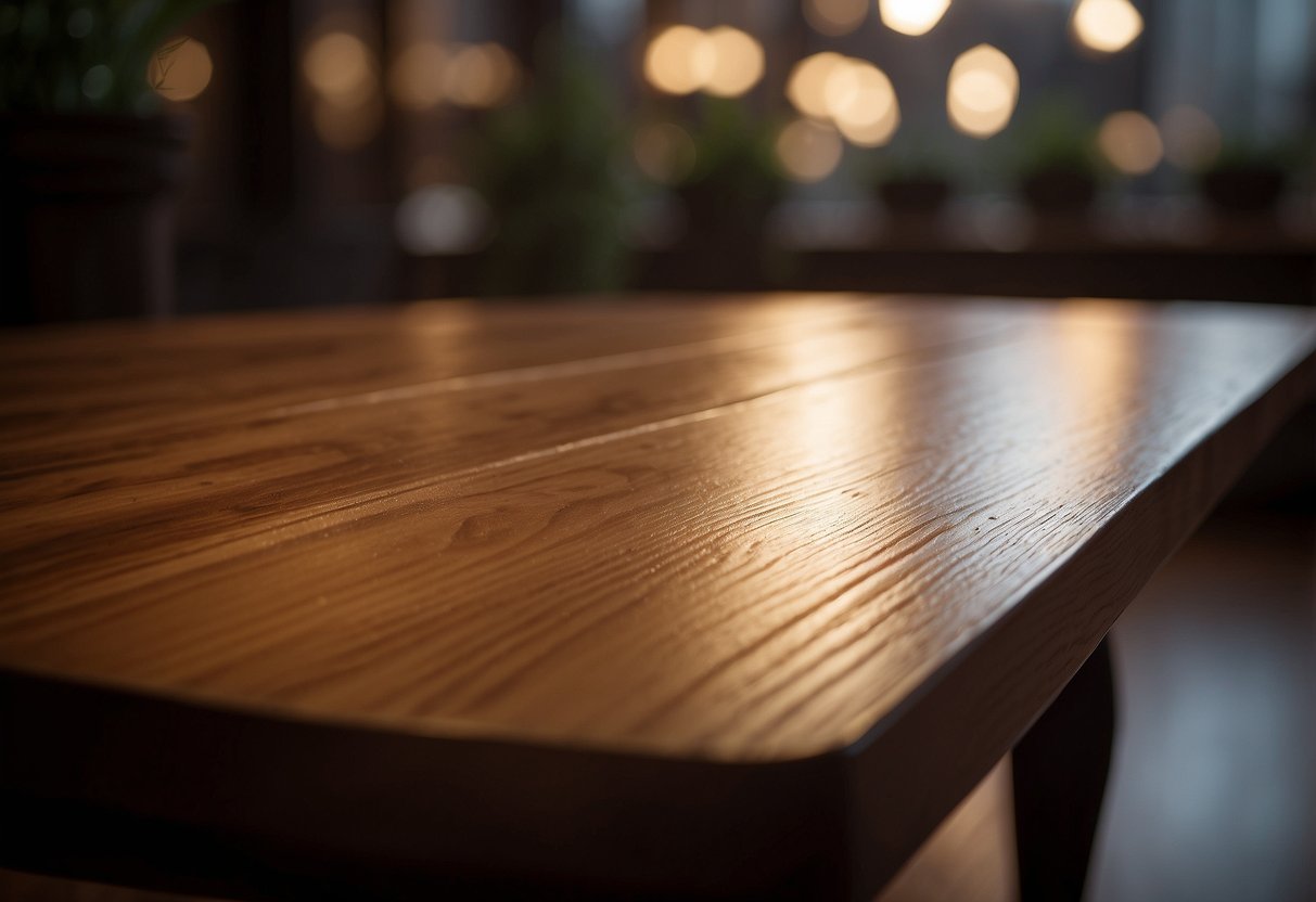 A wooden table gleams under soft light, showcasing its smooth surface and rich color after being treated with Bona Wood Furniture Polish