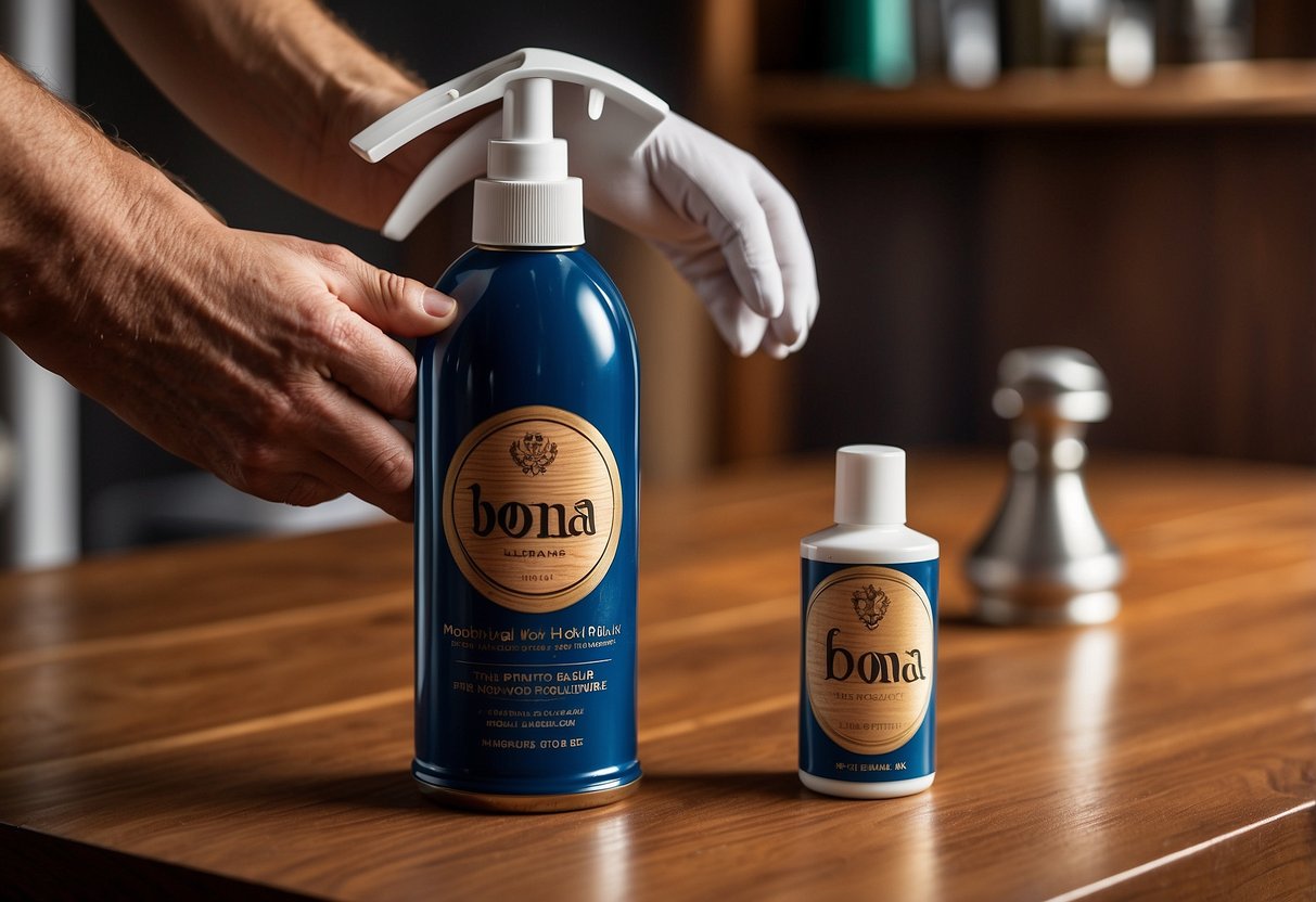 A hand reaches for a bottle of Bona Wood Furniture Polish on a shelf. The bottle features a wood grain design and a spray nozzle. A wooden table sits nearby, ready to be polished