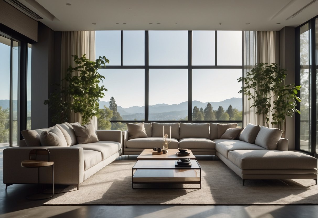 A modern living room with sleek echelon furniture, minimalist design, and natural lighting
