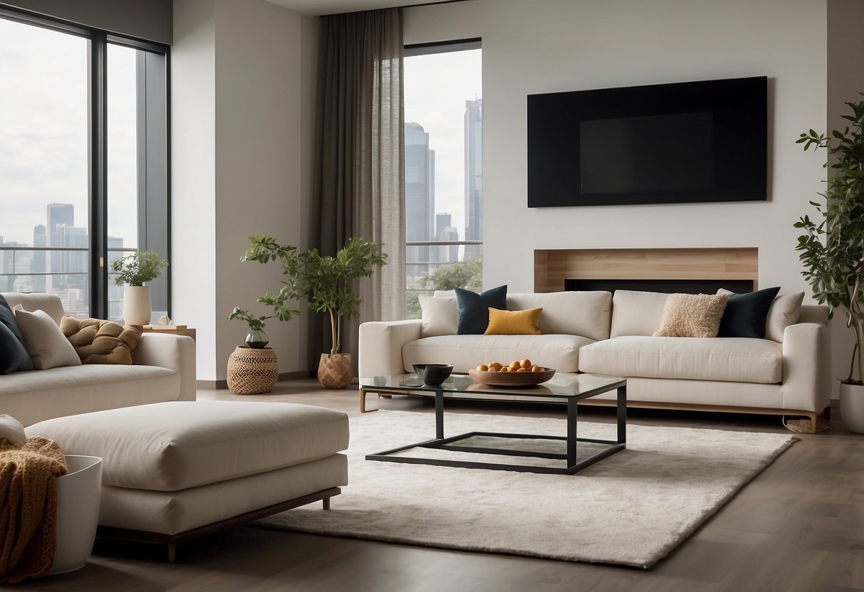 A modern living room with sleek Echelon Furniture, clean lines, and minimalistic design. A neutral color palette with pops of bold accents