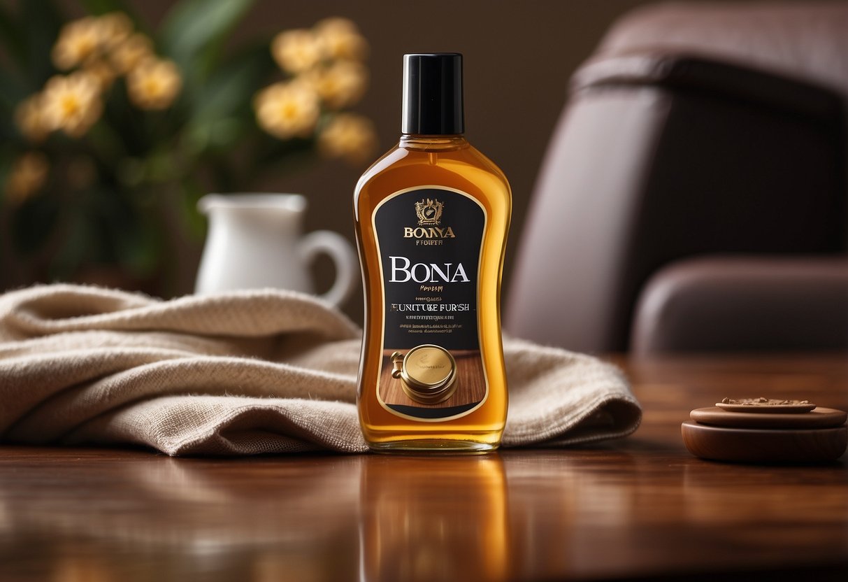 A bottle of Bona wood furniture polish sits on a clean, polished wooden table, surrounded by a soft cloth and a gleaming chair