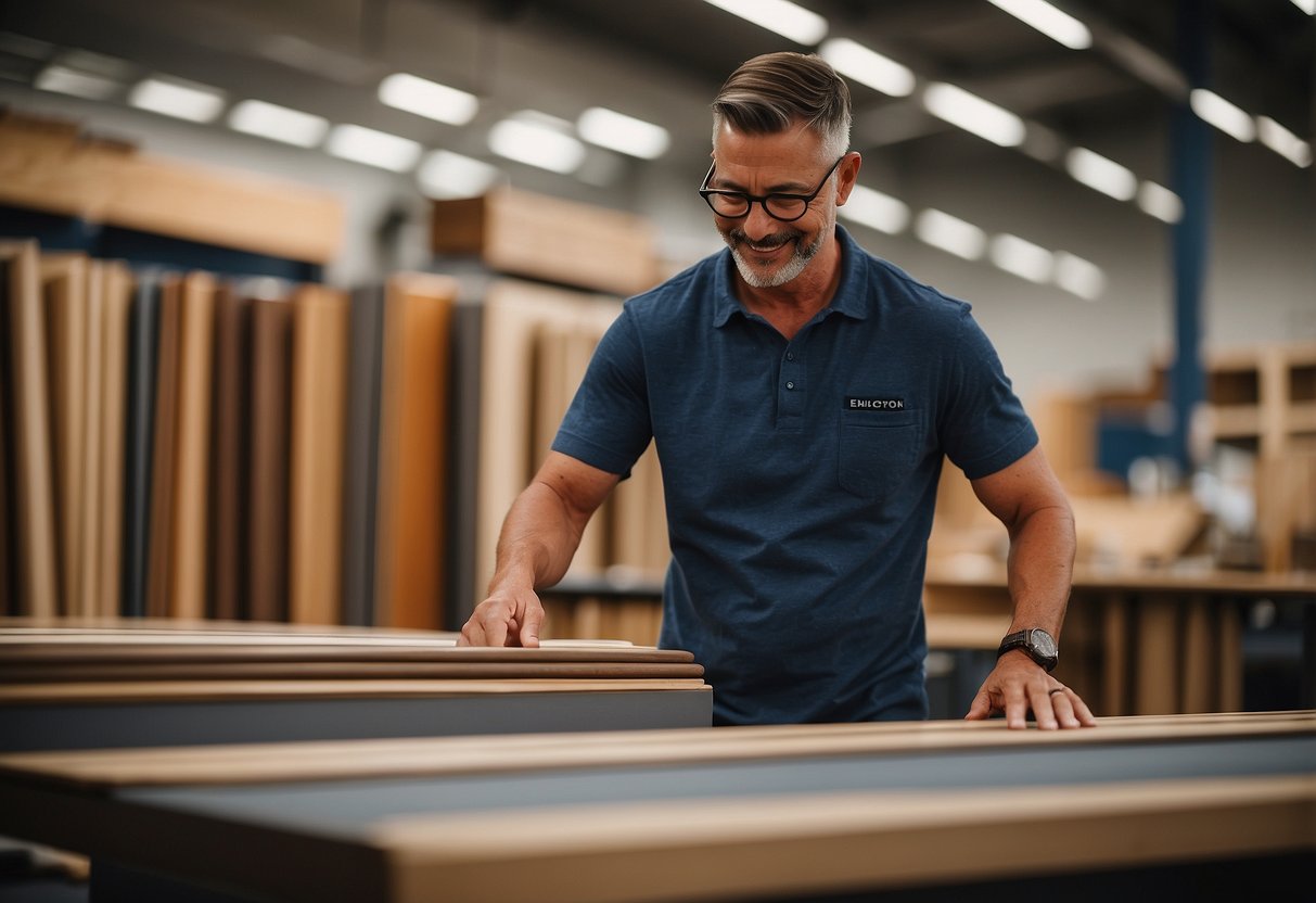A customer selects fabric and wood finishes for a custom echelon furniture piece at the purchasing and customization station
