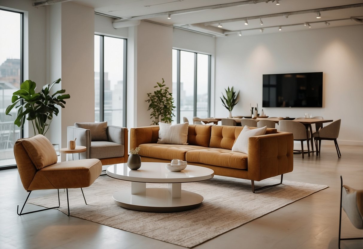 A modern, minimalist furniture showroom with clean lines and neutral colors. Displayed pieces include sleek sofas, elegant dining sets, and stylish storage solutions