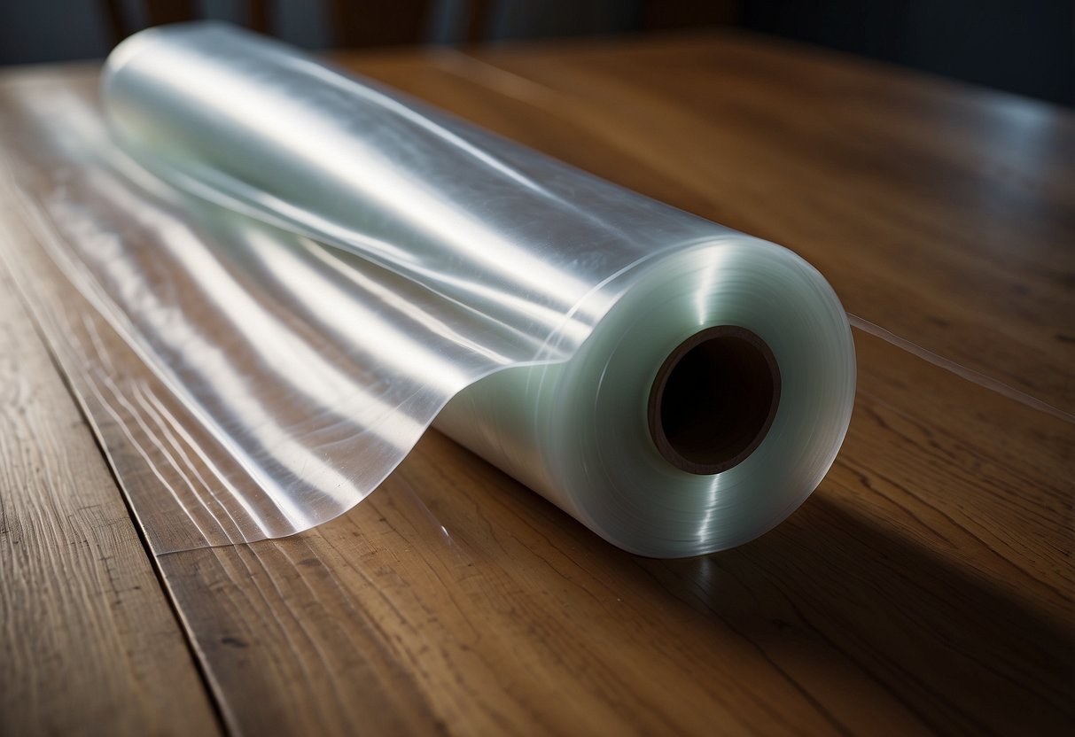 A roll of clear plastic sheeting unfurls over a wooden table, protecting it from dust and scratches