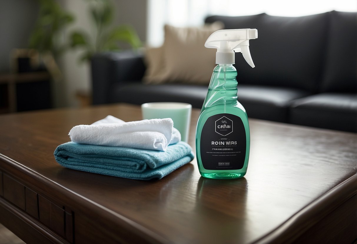 A cloth wipes down vinyl leather furniture, removing dust and stains. A spray bottle and cleaning solution sit nearby