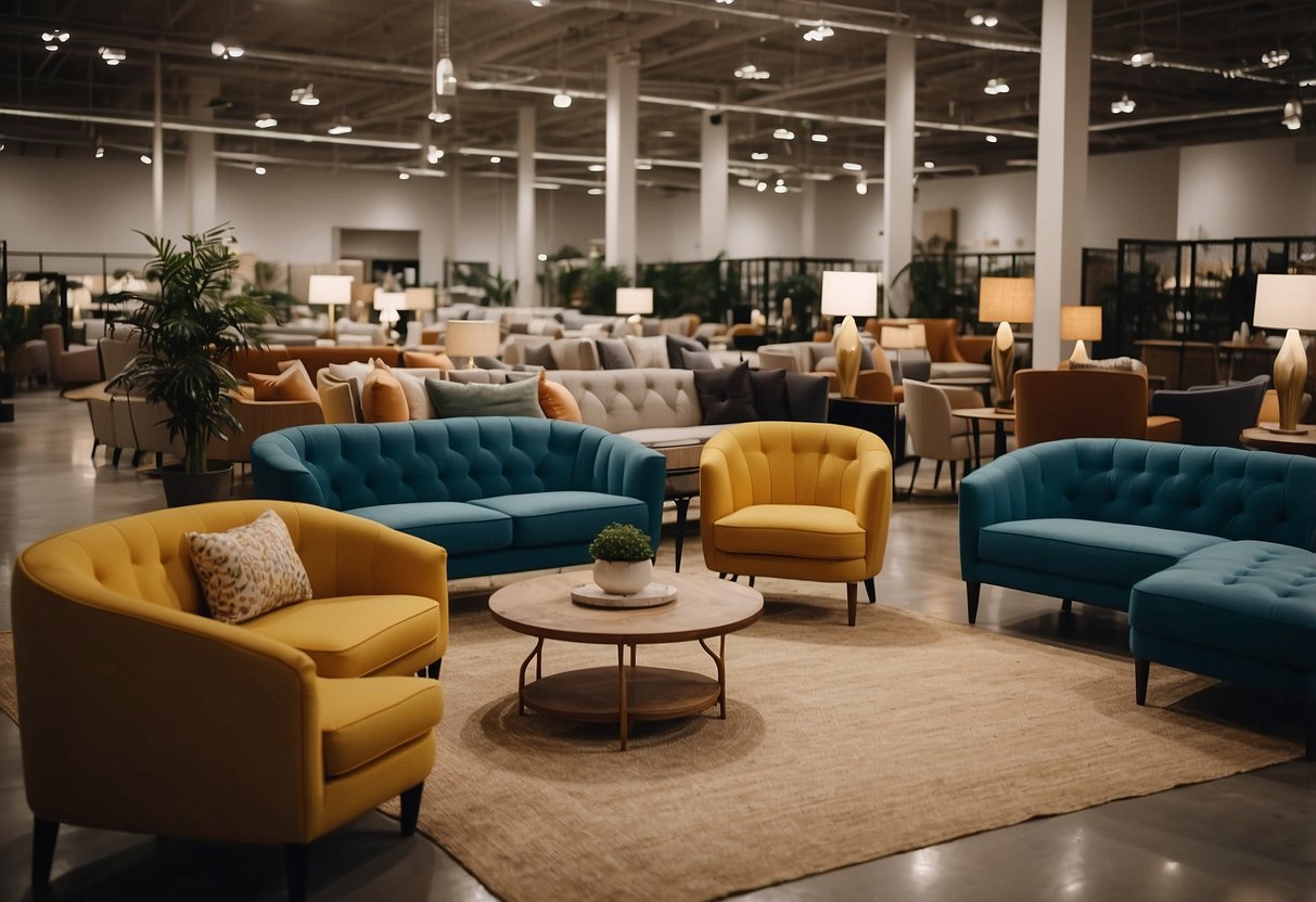 A bustling furniture store with rows of neatly displayed sofas, tables, and chairs. Customers browse through the various options, while sales associates assist with inquiries