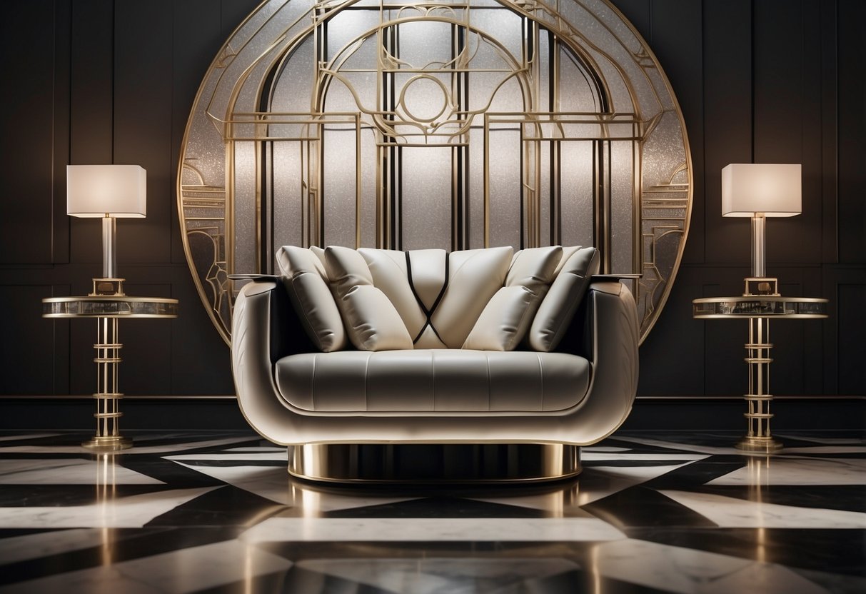 A room with geometric patterns, sleek lines, and luxurious materials, featuring a stylish art deco chair and a mirrored side table
