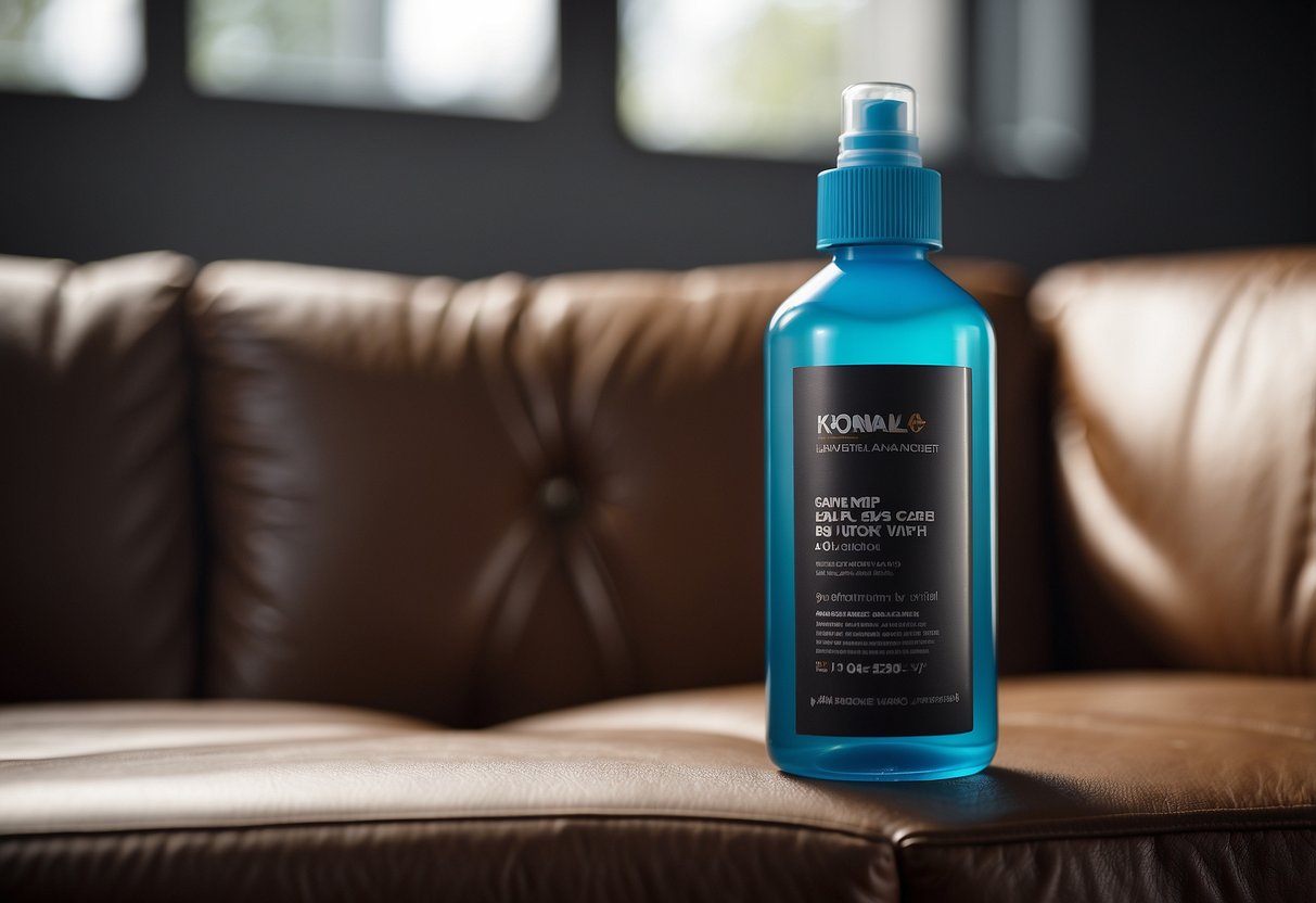 A bottle of advanced care solution sits next to a stained vinyl leather sofa. A cloth and sponge are nearby, ready for use