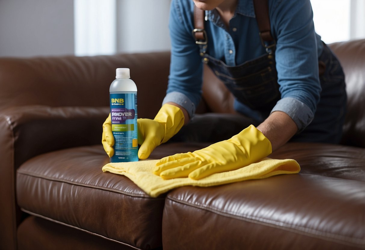 A person using a damp cloth to wipe down a vinyl leather sofa, with a spray bottle and cleaning solution nearby