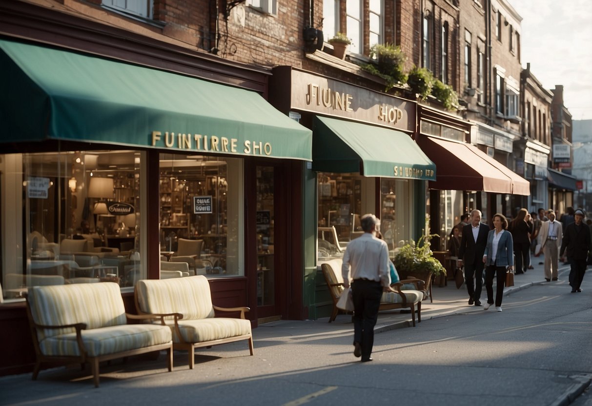 A bustling street with colorful storefronts, a sign reading "Furniture Shop" stands out. People browse inside, while a friendly salesperson assists a couple in choosing a new sofa