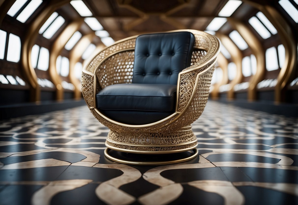 A sleek, geometric chair with bold, angular lines and luxurious materials, set against a backdrop of ornate, symmetrical patterns and metallic accents