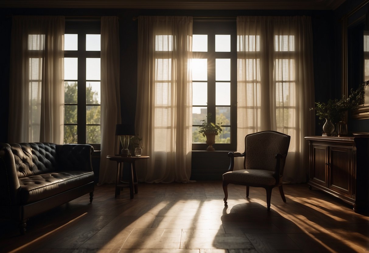 A dimly lit room with dark furniture, softened by sheer curtains billowing in the breeze, casting gentle shadows on the rich wood surfaces