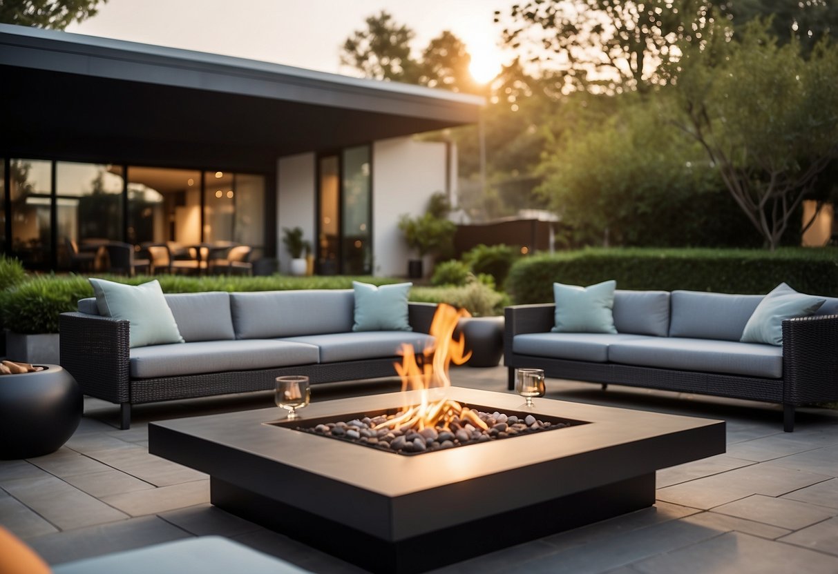 A backyard patio with Sifas outdoor furniture, including a sleek dining set and comfortable lounge chairs arranged around a modern fire pit