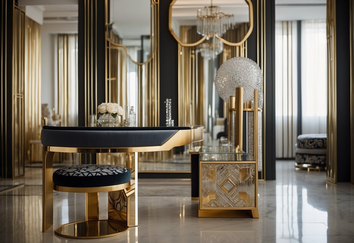 A sleek, geometric chair sits in front of a mirrored console table with bold, symmetrical patterns. The room is adorned with metallic accents and luxurious fabrics, embodying the essence of Art Deco design