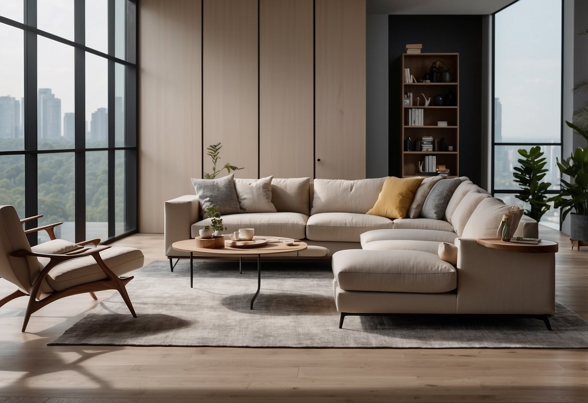 A modern living room with sleek ibenz furniture, featuring a minimalist sofa, coffee table, and floor lamp in a neutral color palette